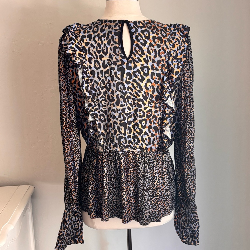 BL^NK Anthropologie Moira Ruffled Peplum Leopard Print Top, Blue Brown Black, L - Picture 5 of 8